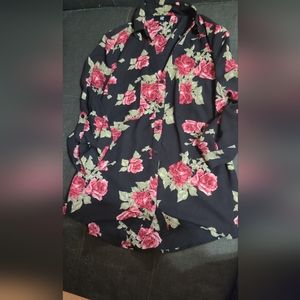 Black button down with rose print